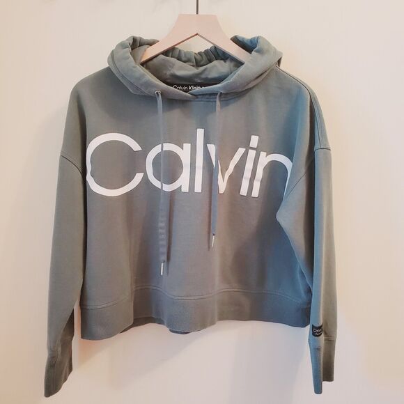 Calvin Klein Performance Logo Front Women's Cropped Hoodie Sweatshirt Large Sage - Picture 1 of 7